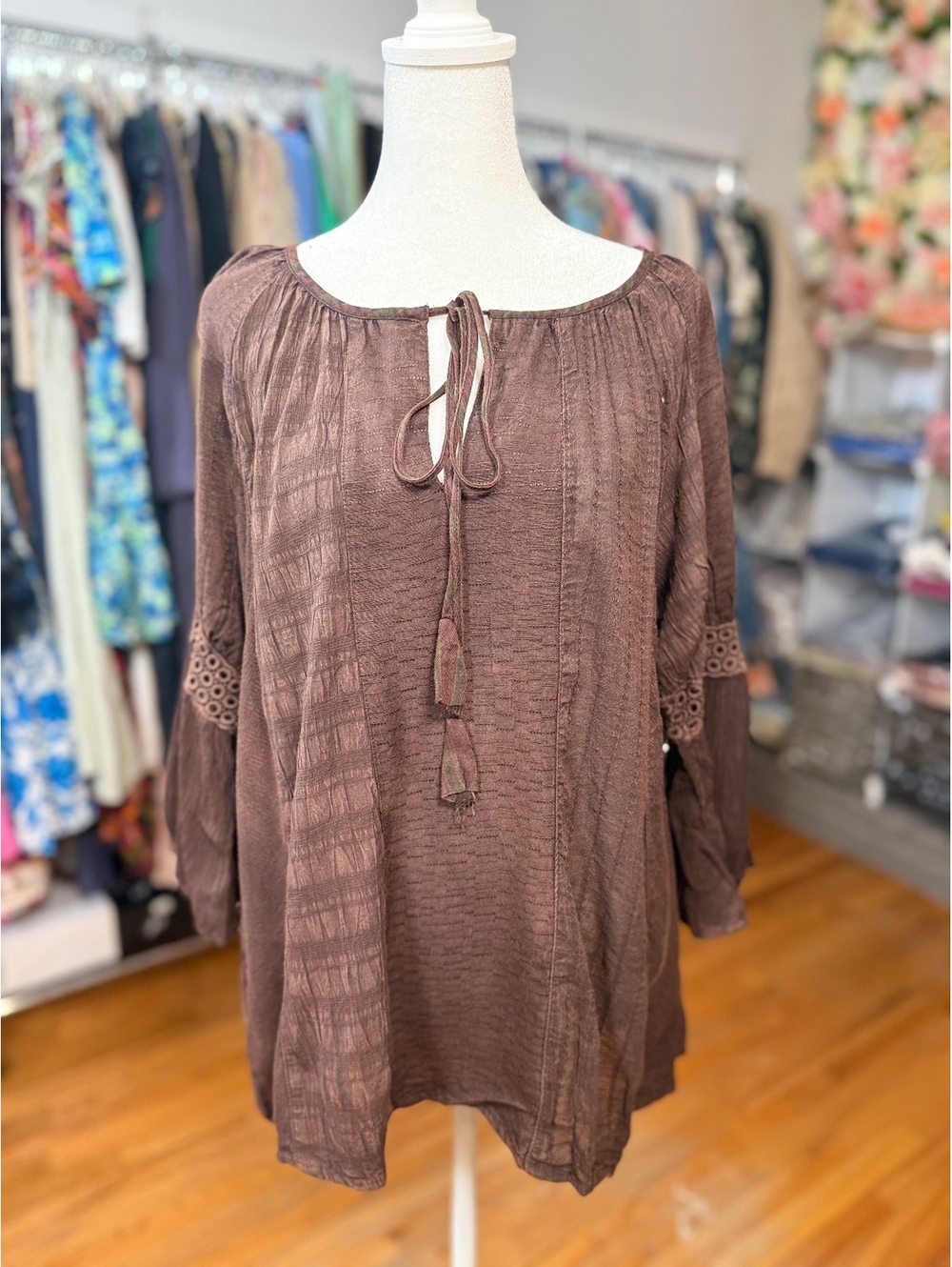 YOUNG THREADS Peasant Patchwork Bell Sleeve Top Chestnut NWT Small